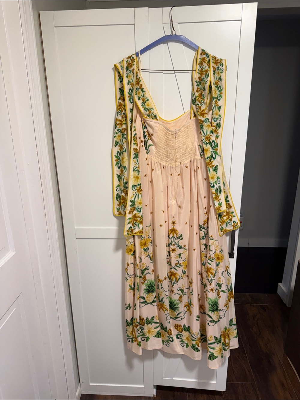 FARM Rio Peach Midi Dress with Green and Yellow Floral Embroidery - Picture 7 of 9